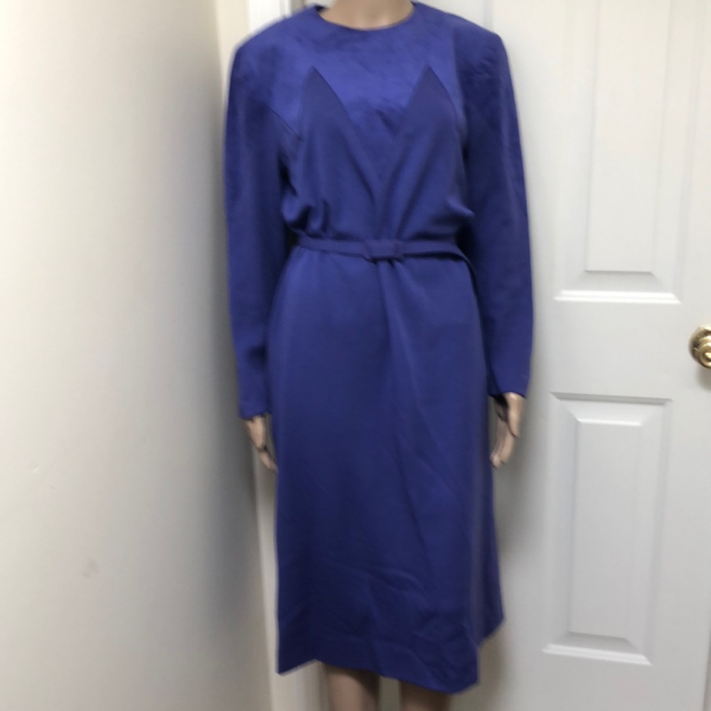 Vintage 80s Abe Schrader Purple Sweater Dress | Suede Trim Long Sleeve